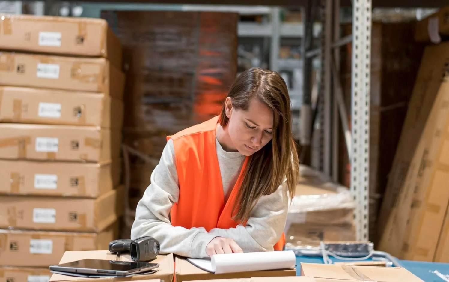 Femme avec gilet orange dans un entrepôt logistique penchée sur un dossier de coût logistique.
