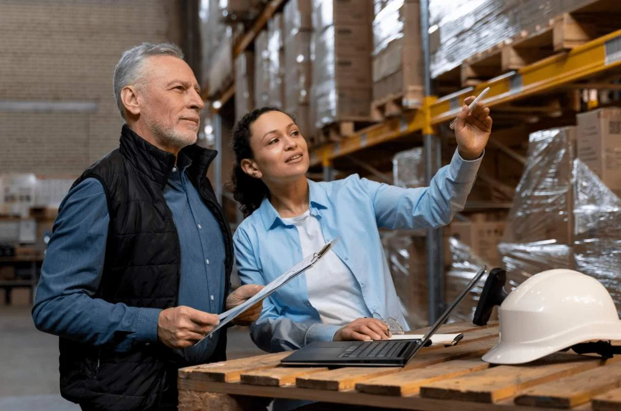 photo d'un homme et une femme discutant de planification logistique dans un entrepôt logistique
