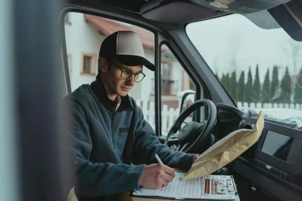 livreur dans son camion utilisant un gps pour optimiser le suivi logistique